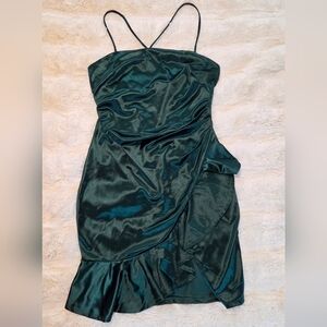 Emerald Green Satin Whimsigoth Mini Dress Ruched Slip Style Size M